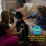 A therapy dog handler kneels by her dog after telling the dog to go say hi to someone sitting on a couch.
