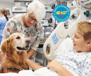 A handler and their dog visit a patient child in a hospital bed