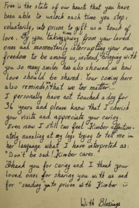 A letter thanking Eric for visiting the prison from an inmate