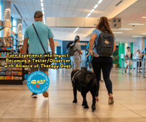 A Tester/Observer walks away from the camera with a prospective member and black lab.
